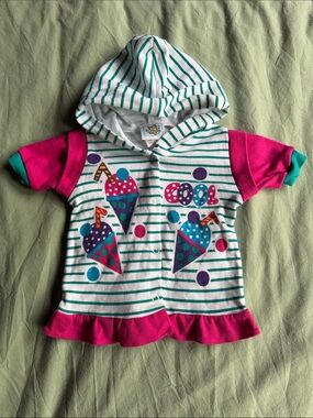 Girls' Hooded Striped Button-Front Top with Ice Cream Graphics - Pink & Teal